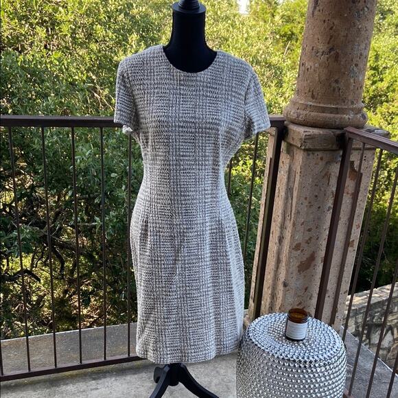 Theory Corset Tee Arbor Tweed Dress Gray and Cream Sheath Midi Dress Sz 12 - Picture 9 of 9
